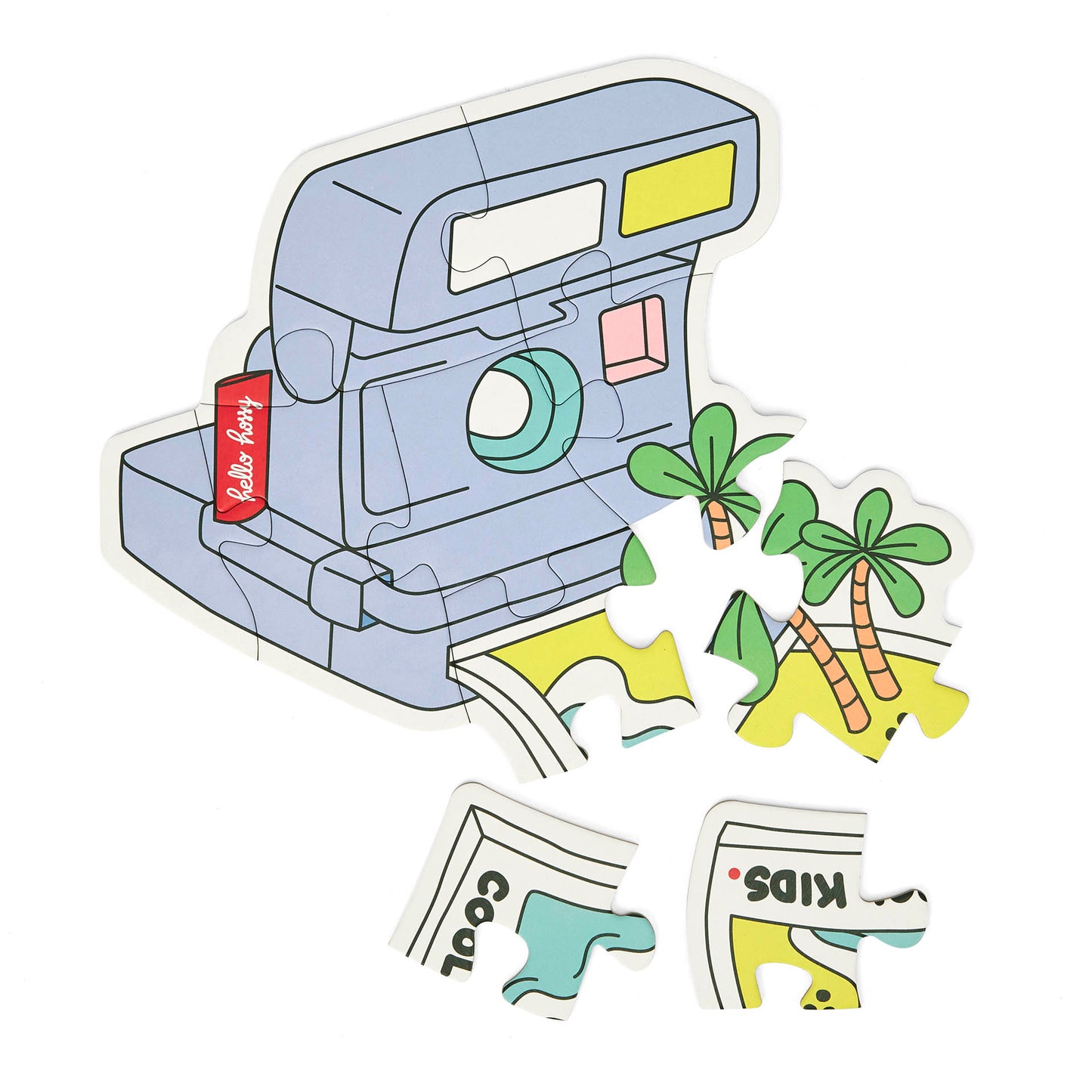 Puzzle evolutivo per bambini Hello Hossy "Just Enjoy", a forma di macchina fotografica, parzialmente assemblato – vista dall’alto – sfondo bianco