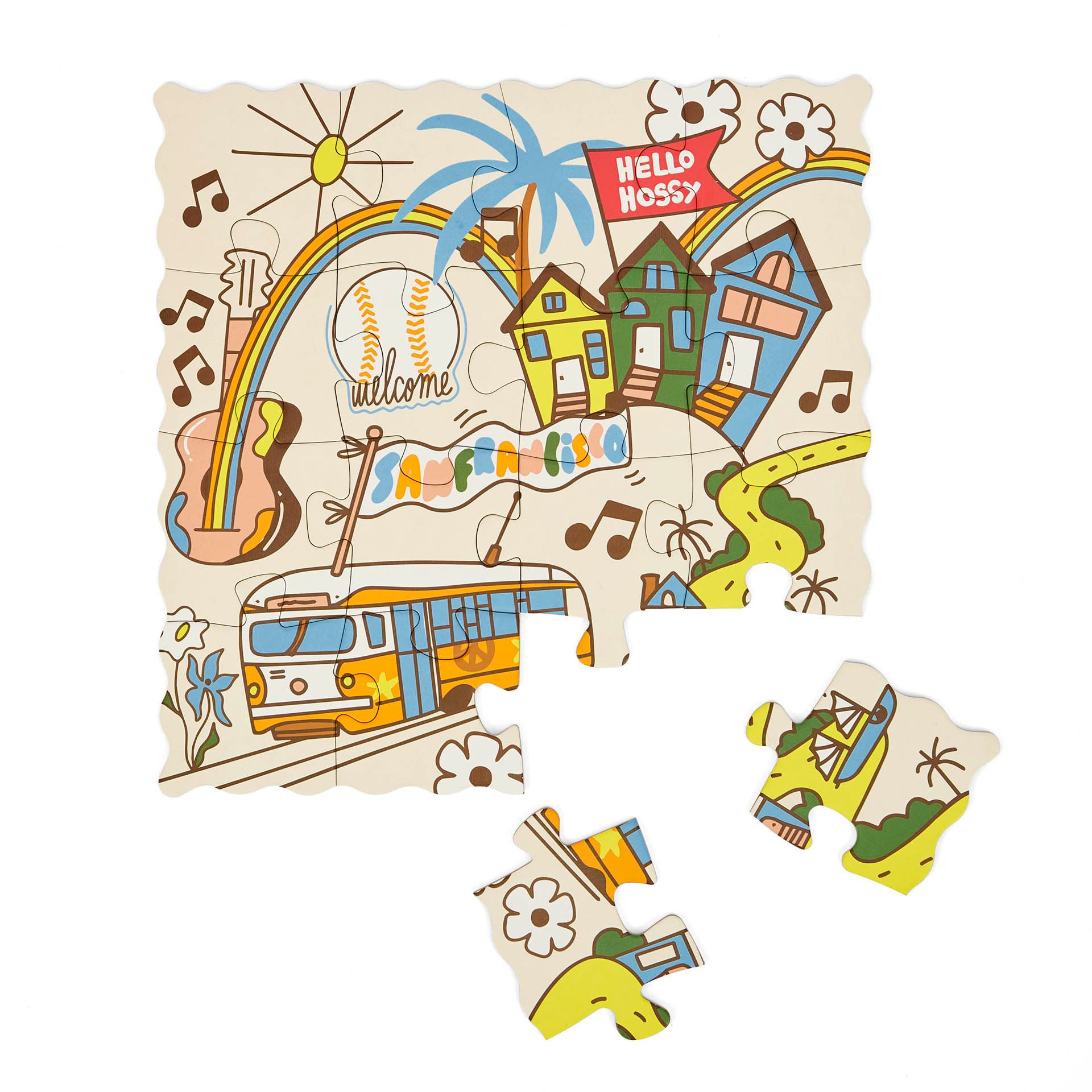 Puzzle per bambini Hello Hossy "San Francisco" parzialmente assemblato – vista dall’alto – sfondo bianco