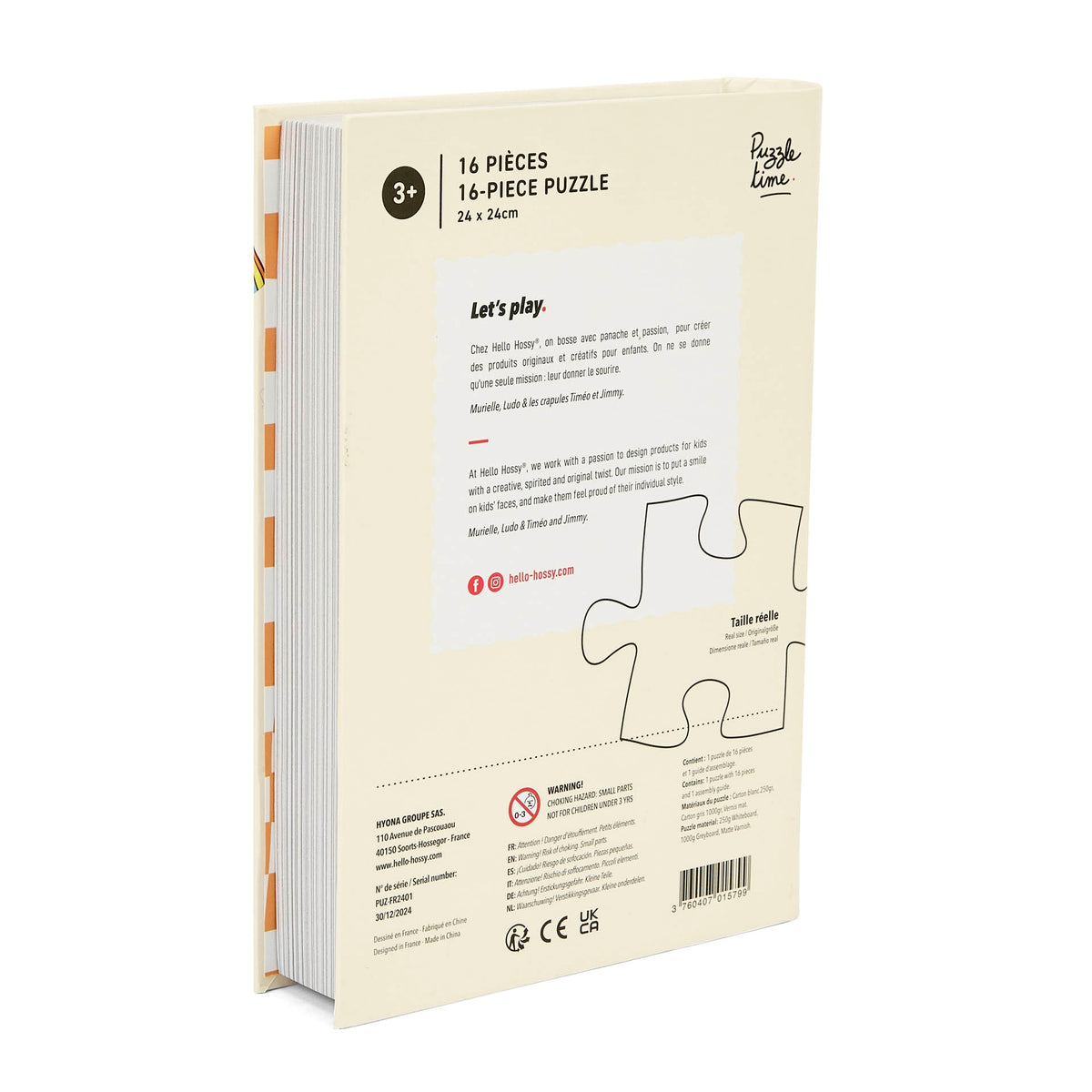 Puzzle per bambini Hello Hossy in formato libro – 16 pezzi – retro illustrato con messaggio del brand – vista posteriore