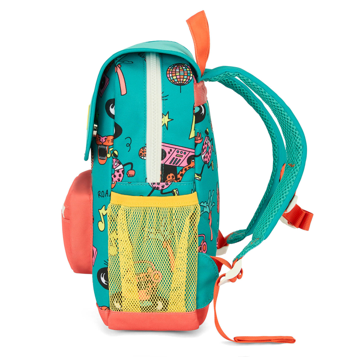 Zaino per bambini verde corallo con motivo animali e tasche in rete Hello Hossy