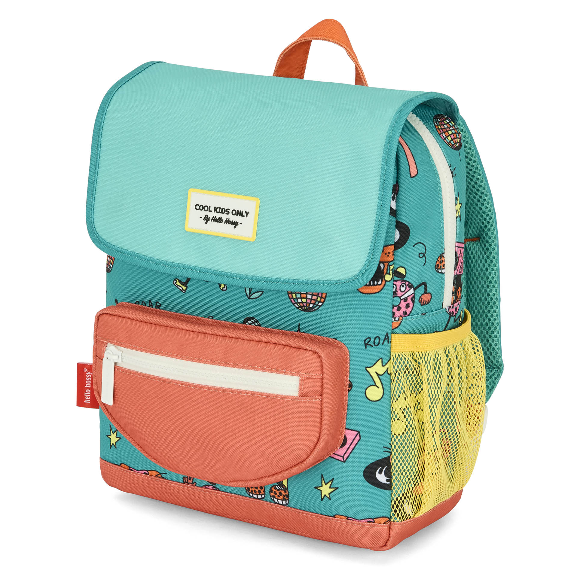 Zaino per bambini verde corallo con motivo animali e tasca frontale Hello Hossy