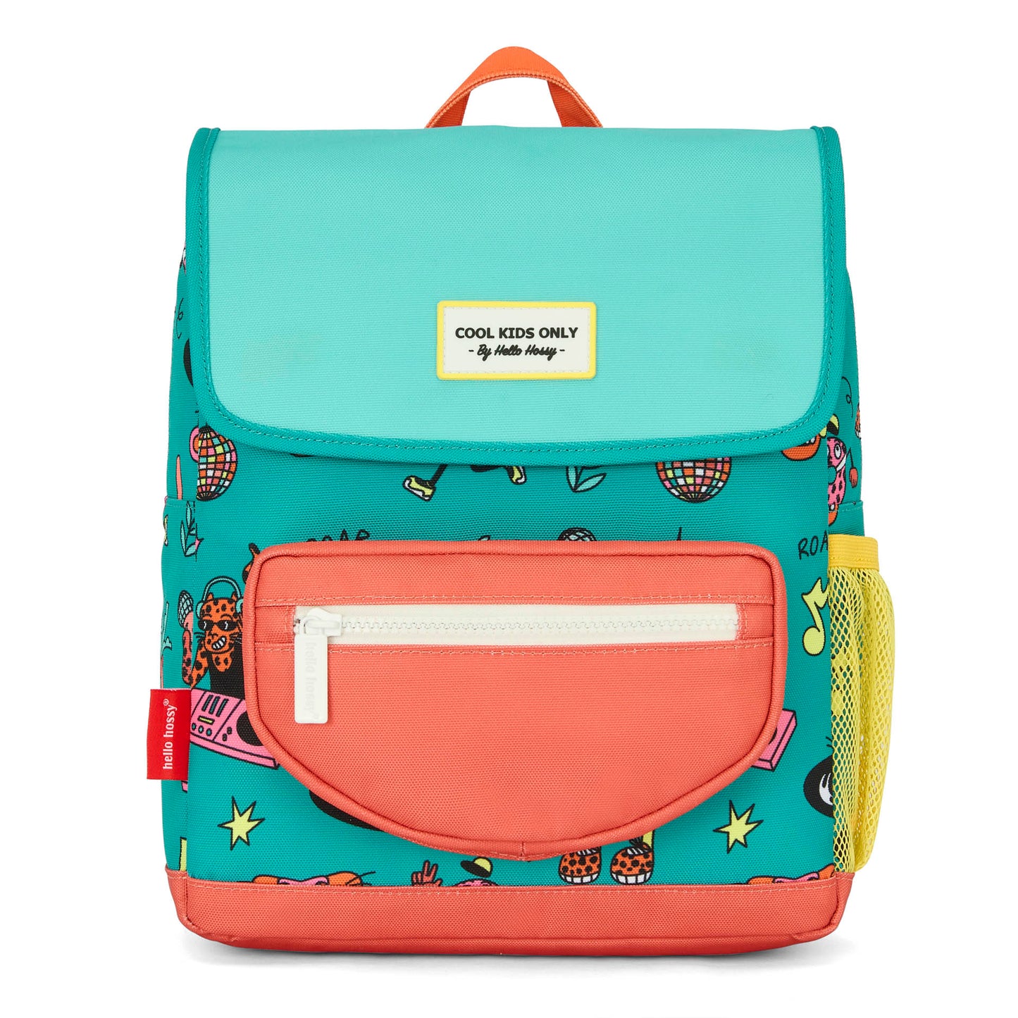 Zaino per bambini verde corallo con motivo animali, tasca gialla Hello Hossy