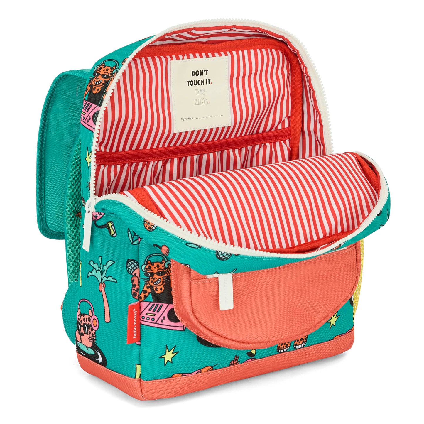 Zaino bambino verde e corallo con motivo animali, interno a righe Hello Hossy
