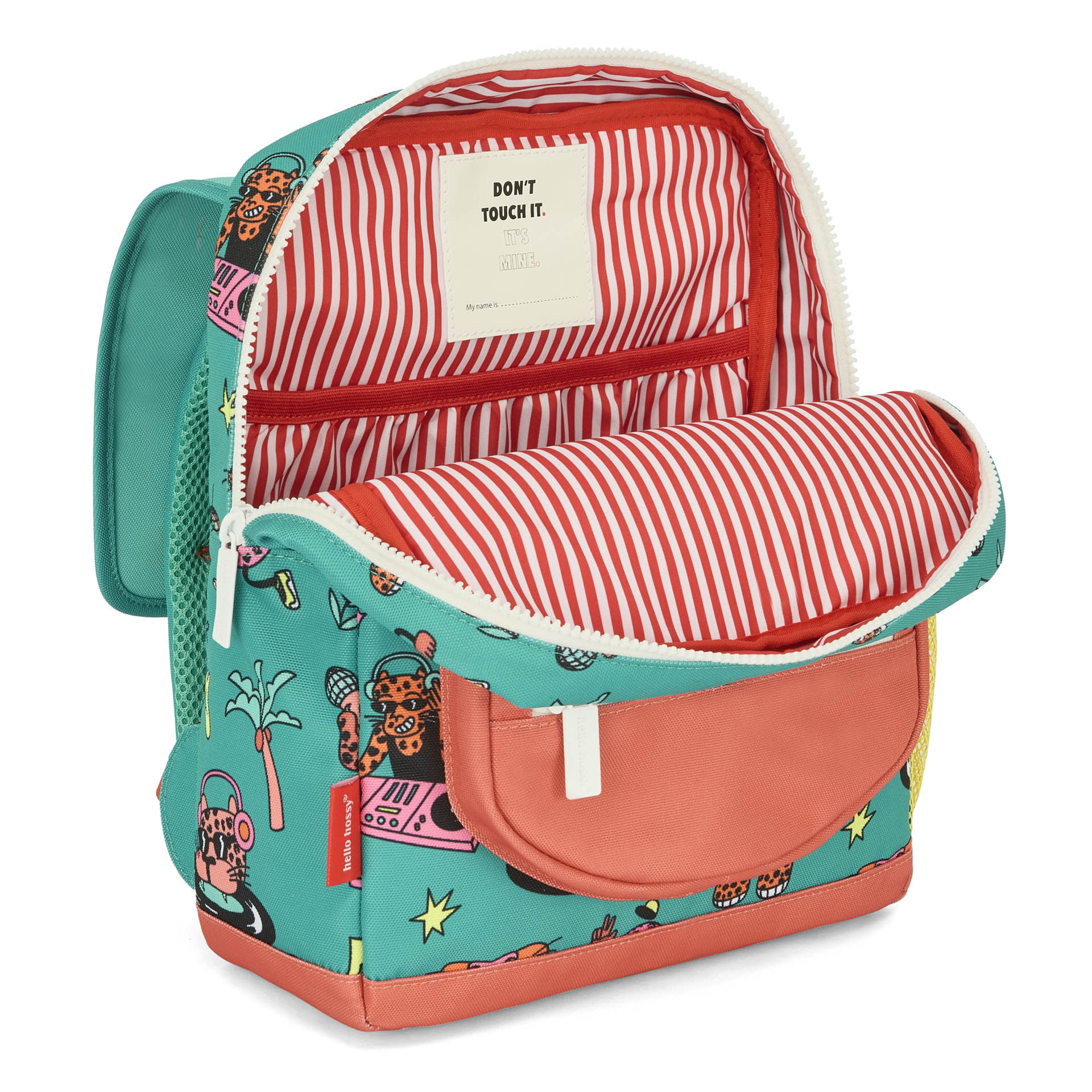 Zaino bambino verde e corallo con motivo animali, interno a righe Hello Hossy
