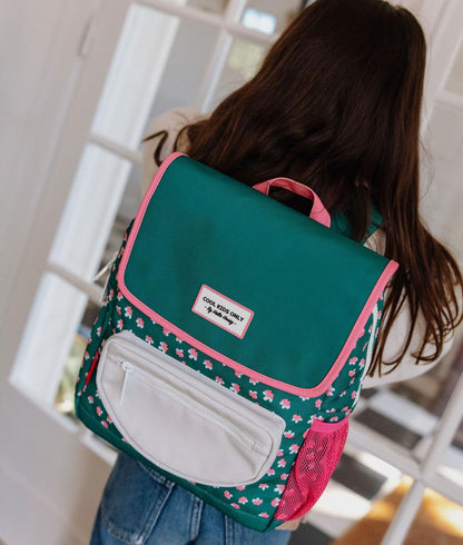 Zaino bambino verde con stampa fiori rosa tasca bianca Hello Hossy