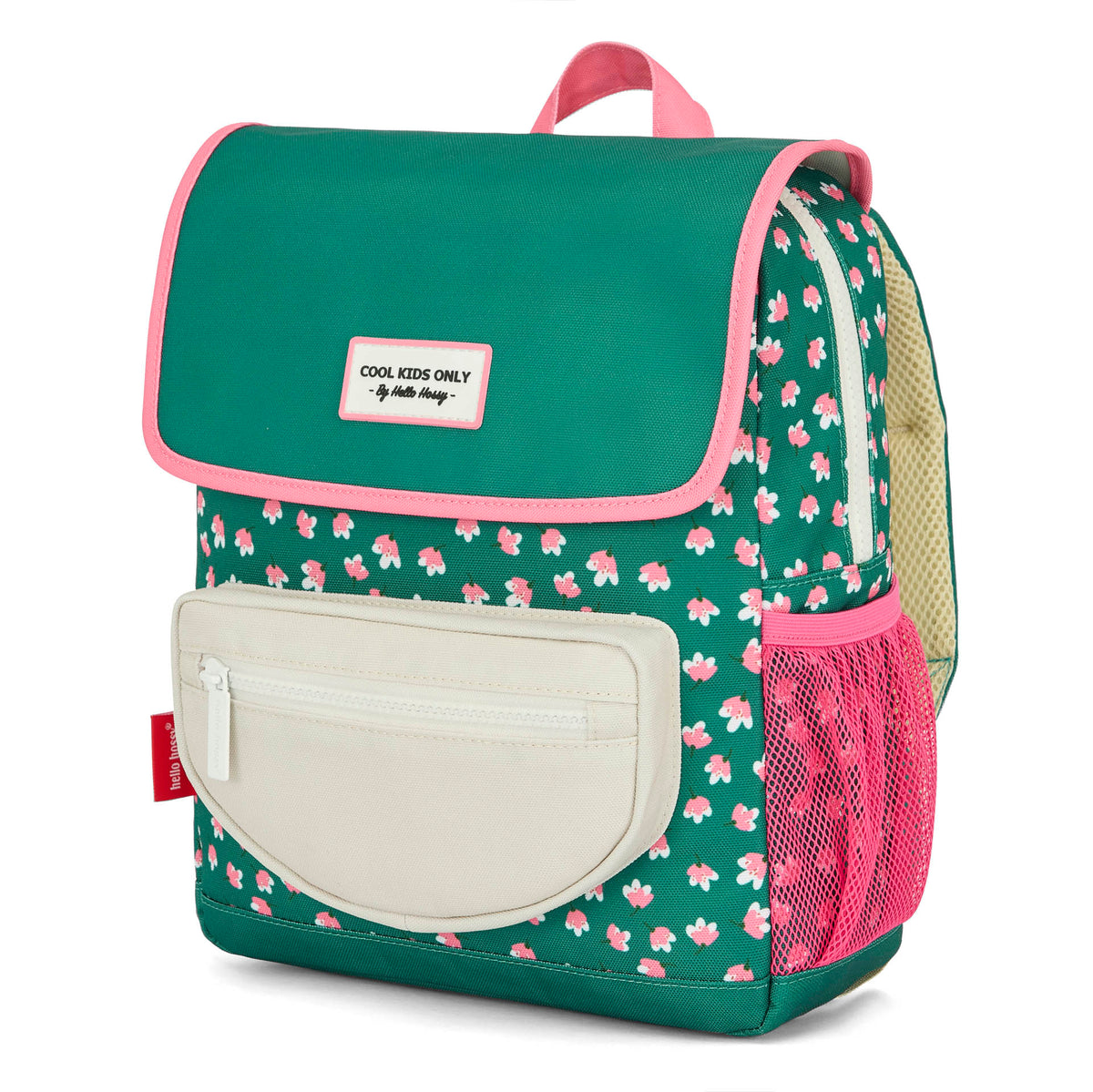 Zaino bambino verde stampato con fiori rosa e tasche bianche Hello Hossy