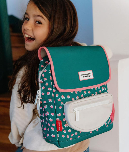 Zaino bambino verde con stampa a fiori rosa tasca anteriore Hello Hossy