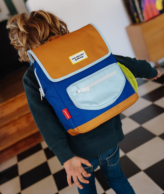 Zaino per bambini blu marrone con tasca frontale chiara Hello Hossy