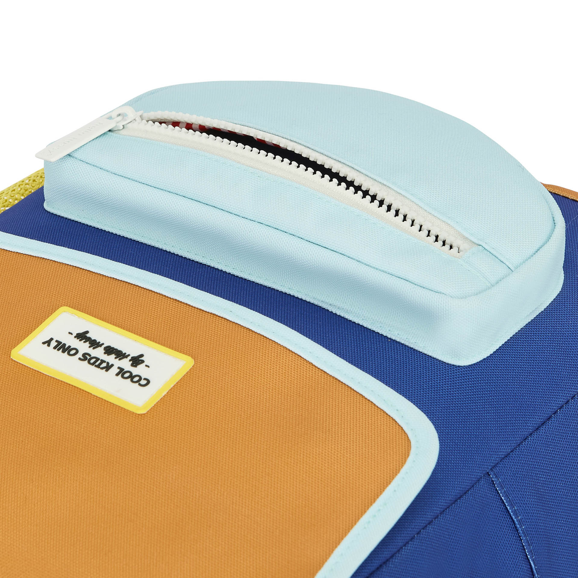 Zaino bambino blu, tasca frontale con zip bianca, patch giallo Hello Hossy
