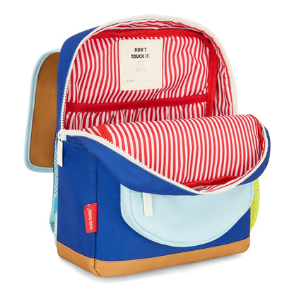 Zaino per bambini blu, interno a righe rosse e bianche, tasca frontale Hello Hossy