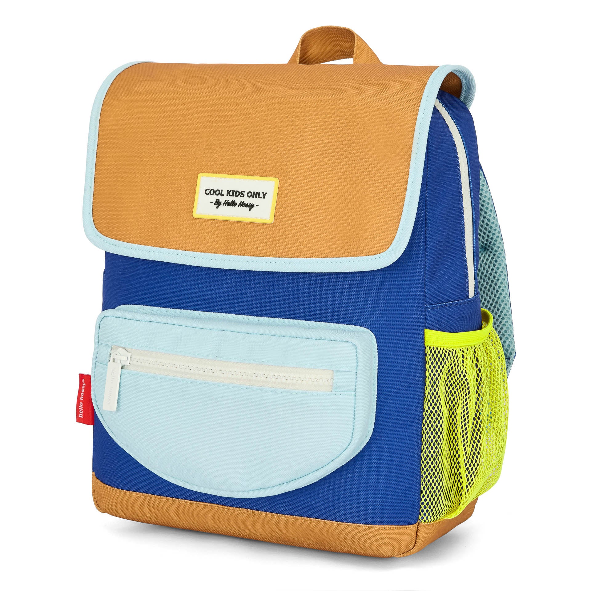 Zaino per bambini blu e marrone, tasca frontale in rete gialla Hello Hossy