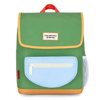 Zaino per bambini verde con tasca blu, dettaglio in pelle Hello Hossy