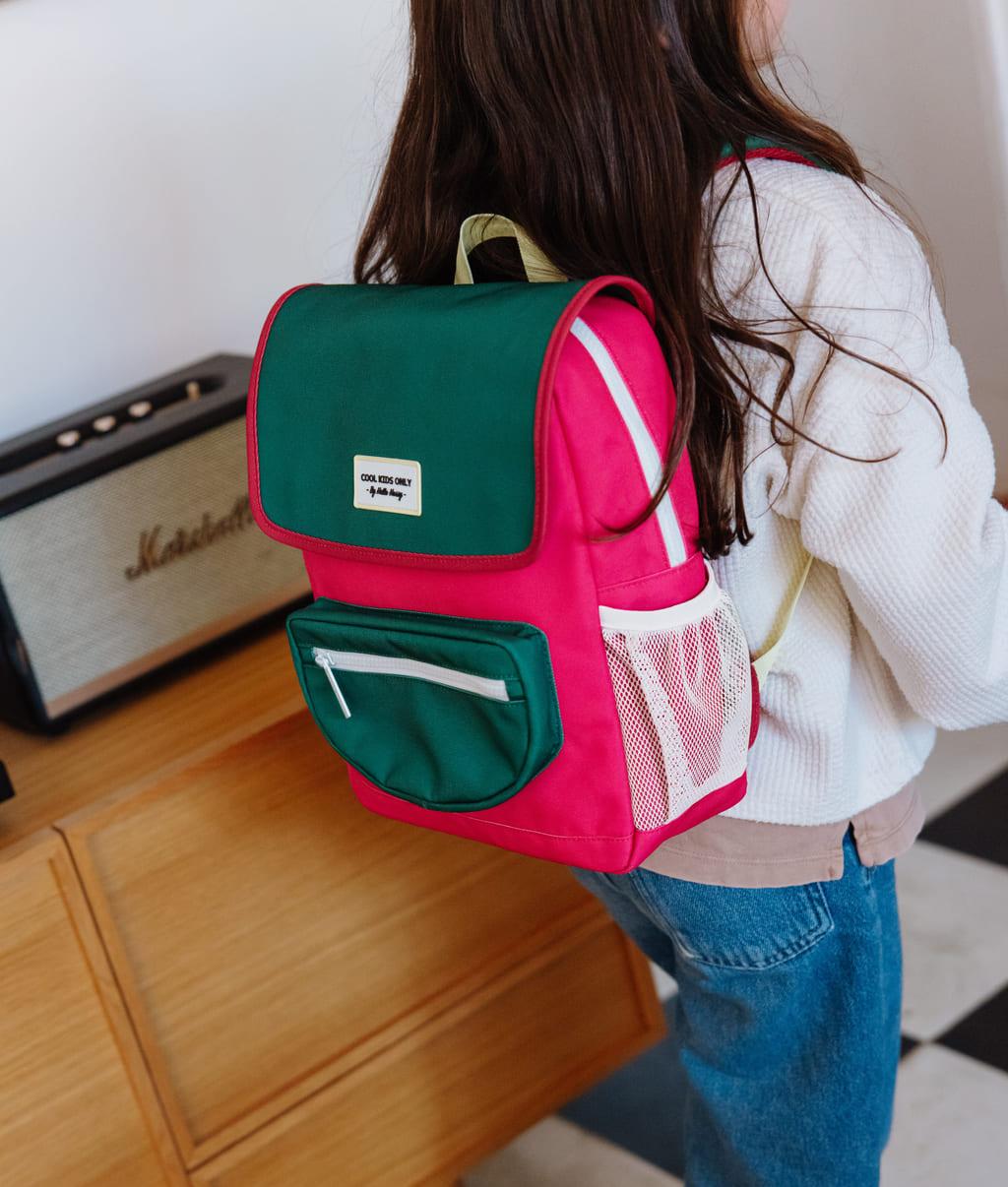 Zaino per bambini framboise verde con tasca con zip Hello Hossy