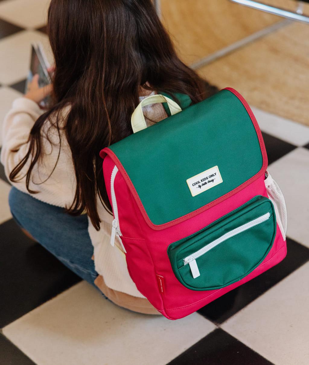 Zaino bambino framboise patta verde tasca con zip Hello Hossy