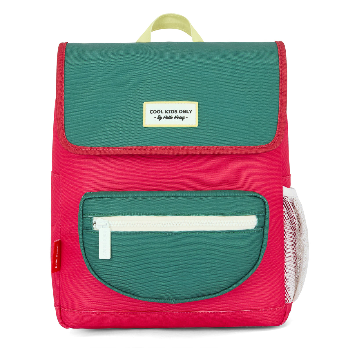 Zaino per bambini framboise verde con tasca con zip Hello Hossy