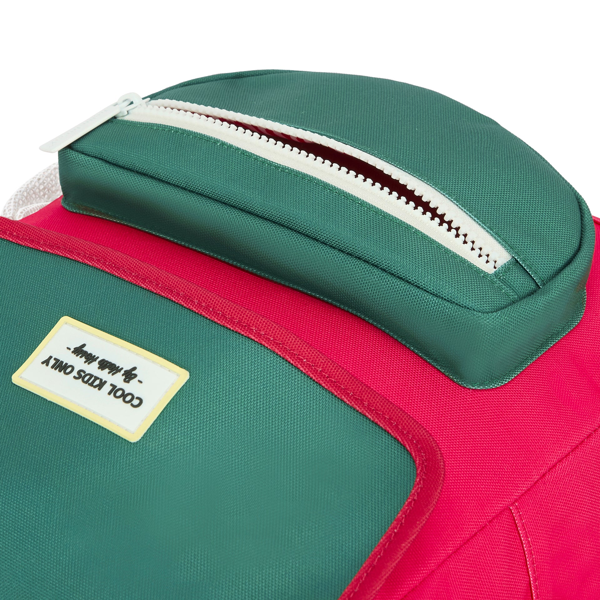 Zaino bambino framboise dettaglio verde zip bianca patch testo Hello Hossy
