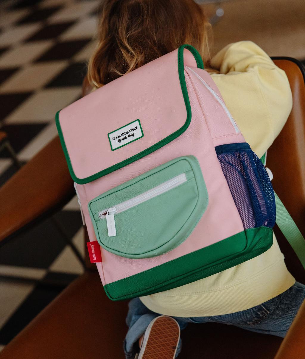 Zaino bambino rosa con tasca zip verde Hello Hossy