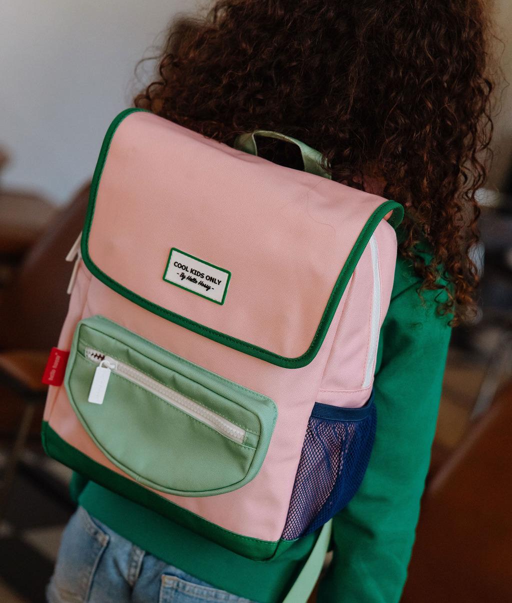 Zaino per bambini rosa bordo verde tasca frontale Hello Hossy