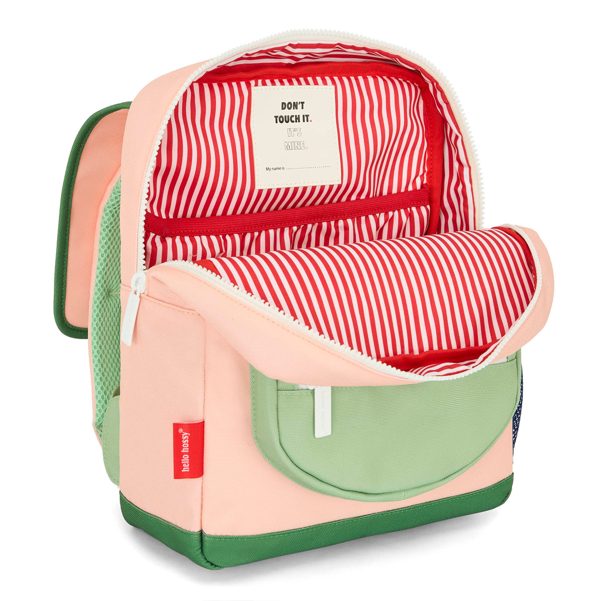 Zaino bambino rosa e verde, interno a righe Hello Hossy