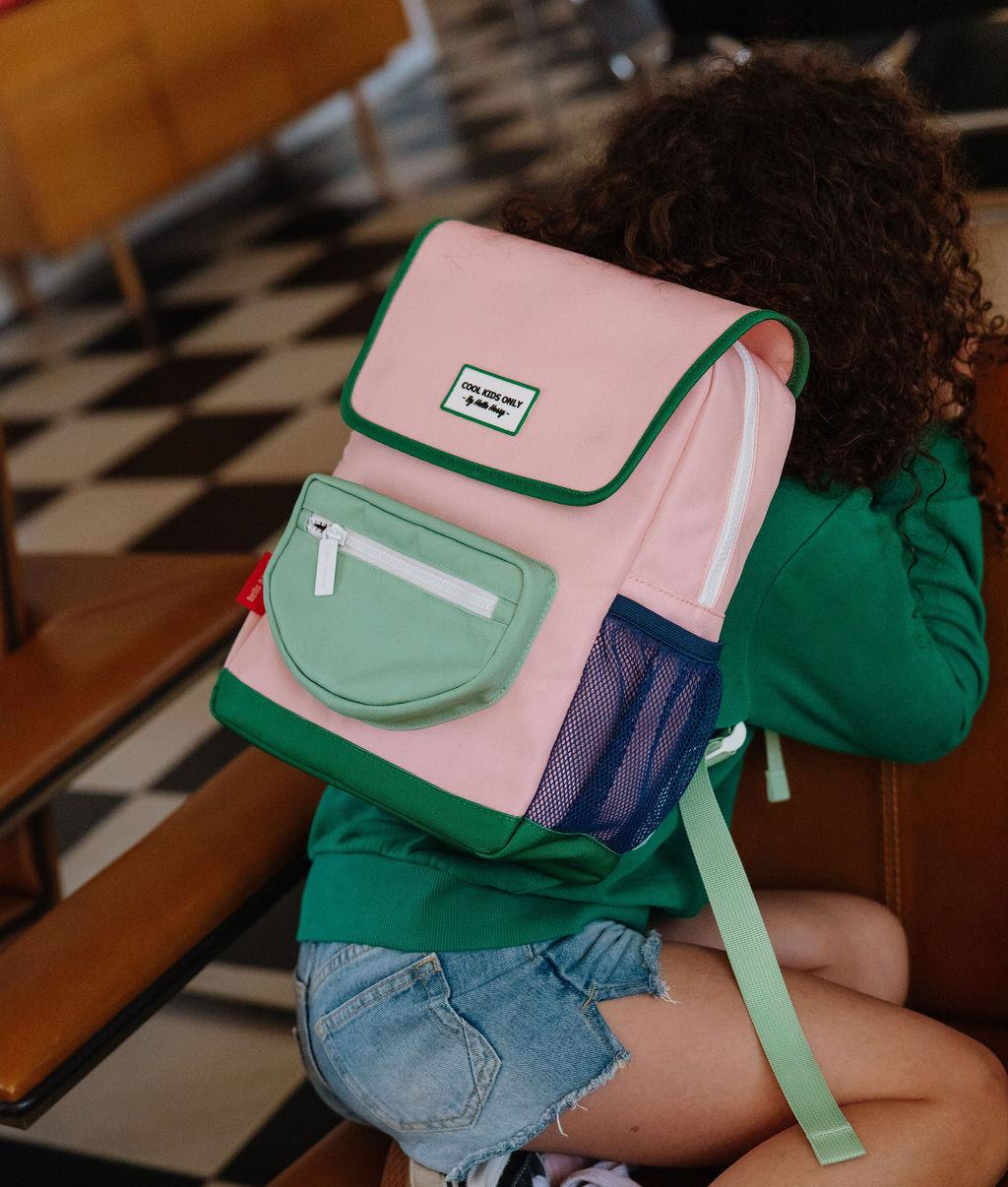 Zaino per bambini rosa e verde, tasca frontale in rete Hello Hossy