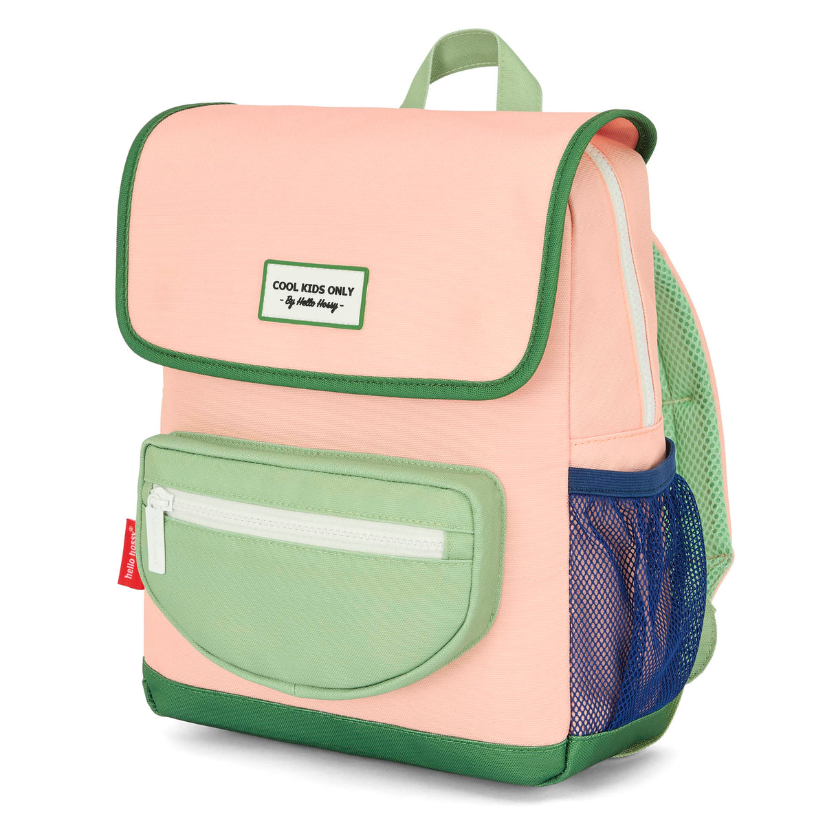 Zaino bambino rosa e verde, tasca frontale Hello Hossy