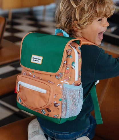 Zaino marrone per bambini con stampa musica, patta verde, Hello Hossy