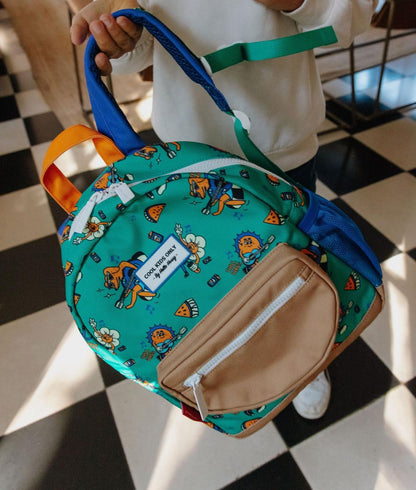 Zaino bambino verde con stampa di animali e tasca beige Hello Hossy