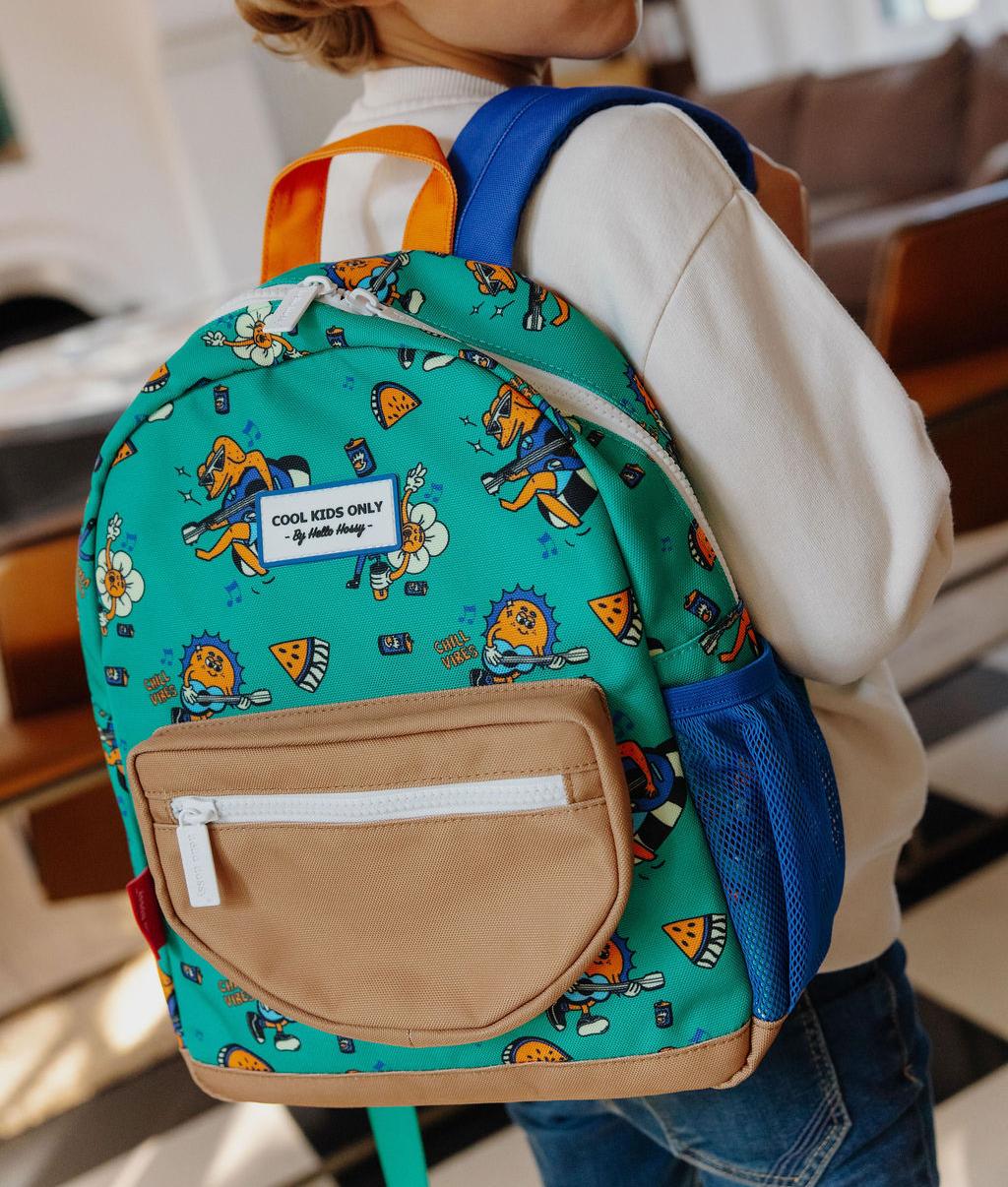 Zaino da bambino verde con motivo animali e tasca beige Hello Hossy