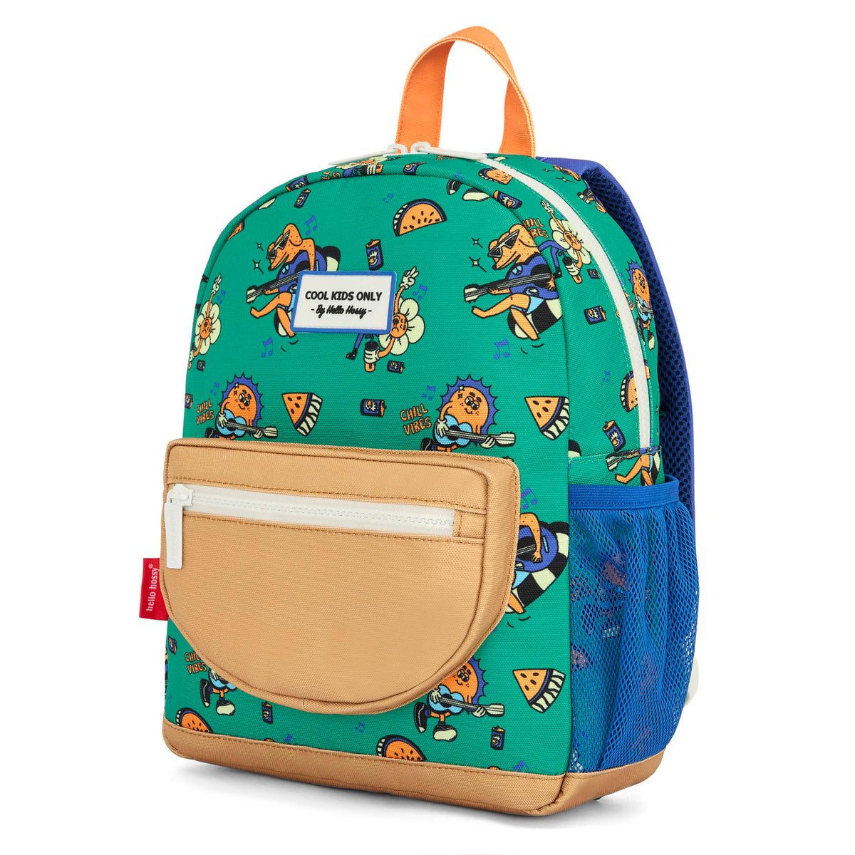 Zaino bambino verde con stampa di animali e tasca beige Hello Hossy
