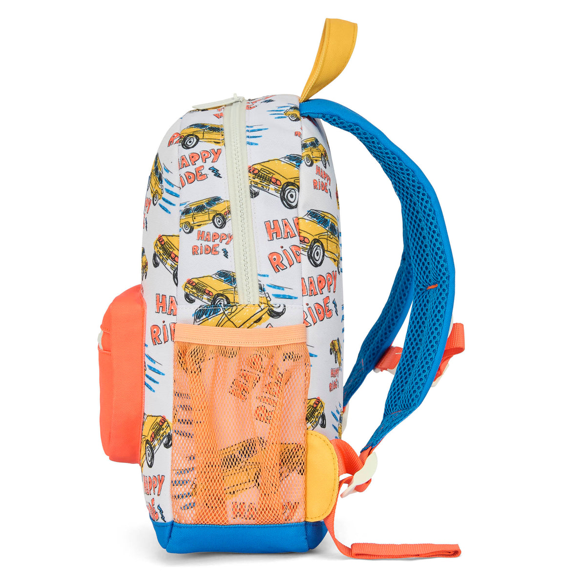 Zaino per bambini bianco e arancione con motivo auto, tasca laterale in rete Hello Hossy