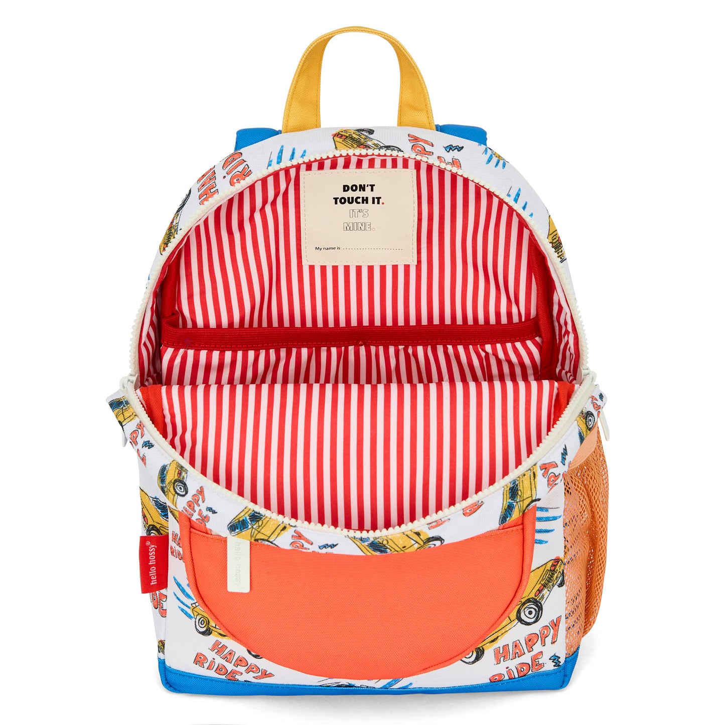 Zaino per bambino bianco e arancione con motivo auto, interno a righe Hello Hossy