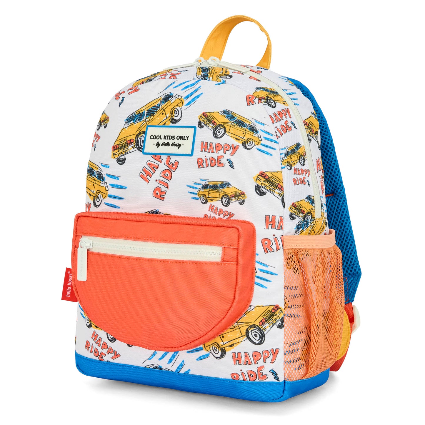 Zaino bambino bianco stampato auto tasca arancione Hello Hossy