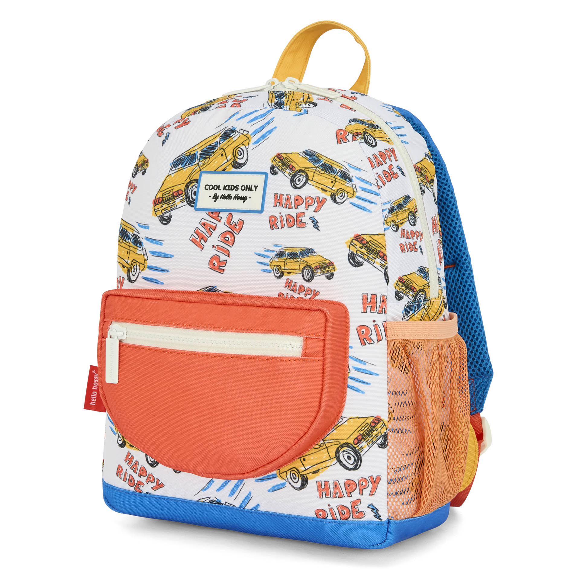 Zaino bambino bianco stampato auto tasca arancione Hello Hossy