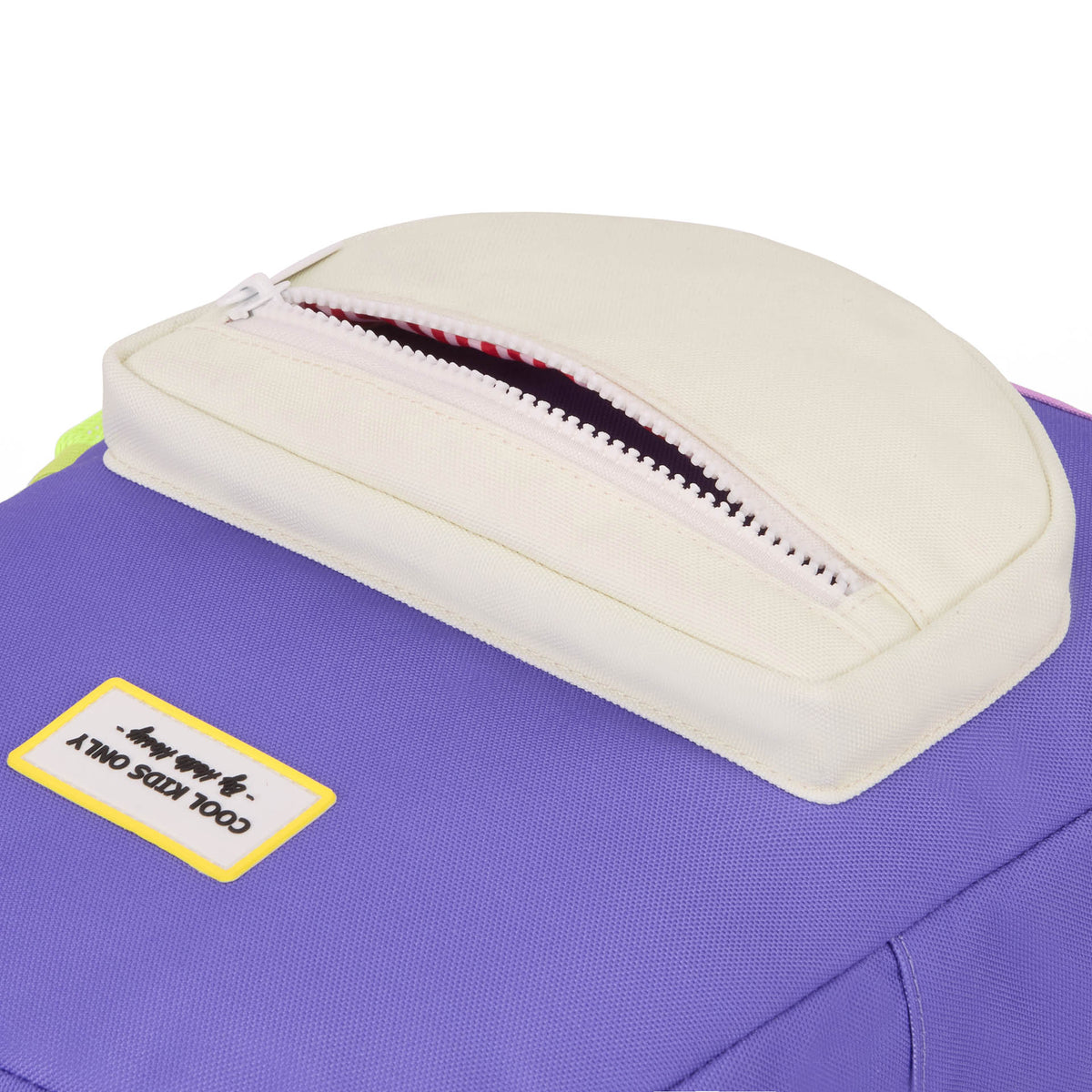 Zaino bambino viola, dettaglio custodia color crema Hello Hossy