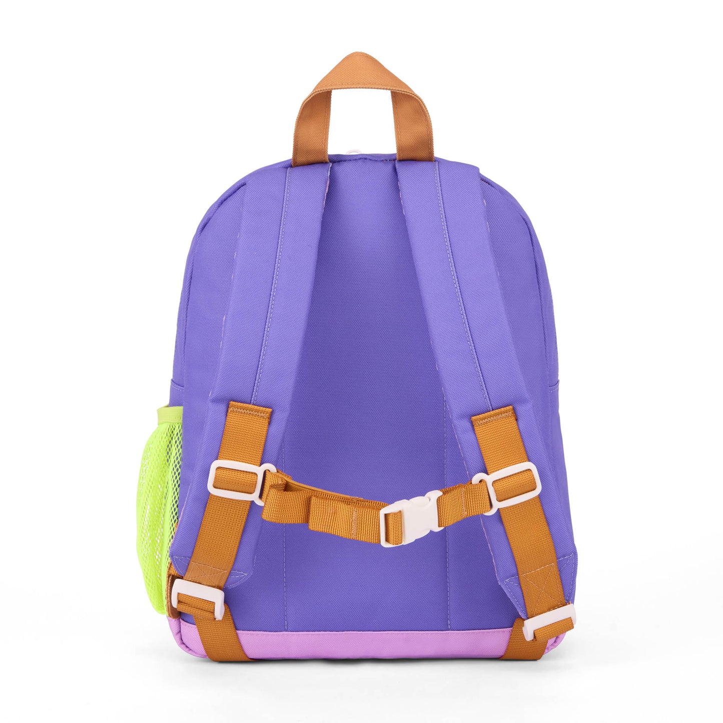 Zaino bambino viola con tasca a rete verde e cinghie marrone Hello Hossy