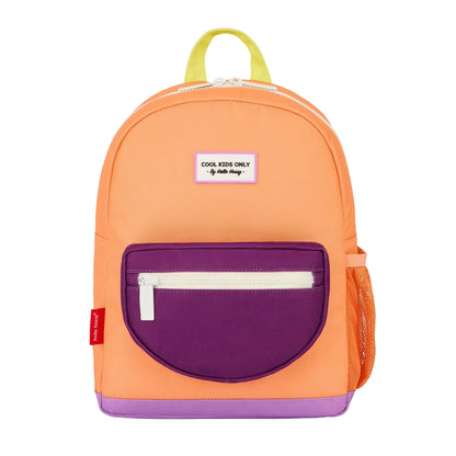 Zaino per bambino arancione, tasca viola, dettaglio zip Hello Hossy