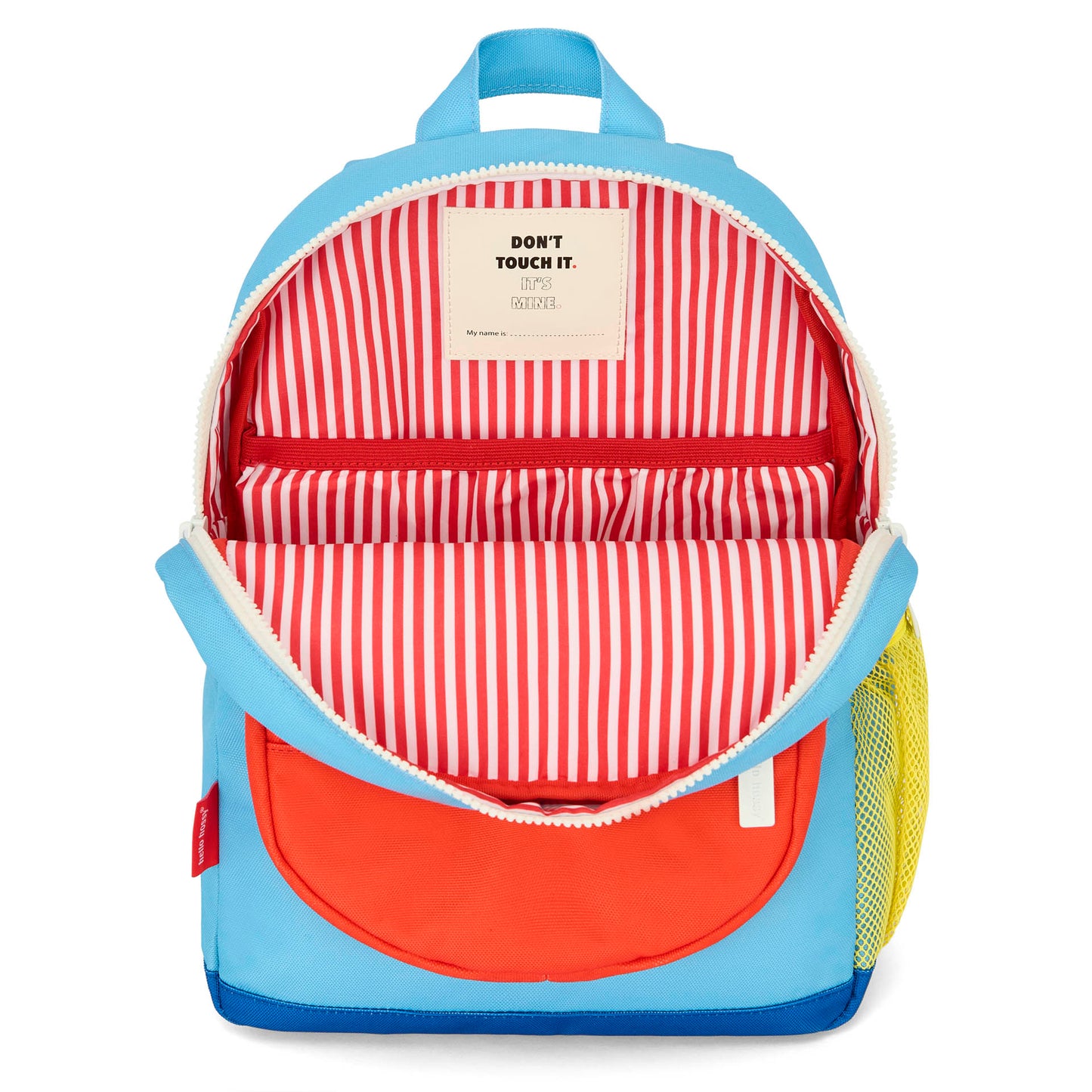 Zaino per bambini blu, tasca arancione, interno a righe rosse, Hello Hossy