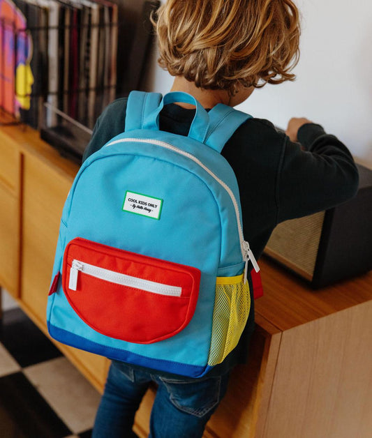 Zaino bambino blu con tasca rossa e rete gialla Hello Hossy