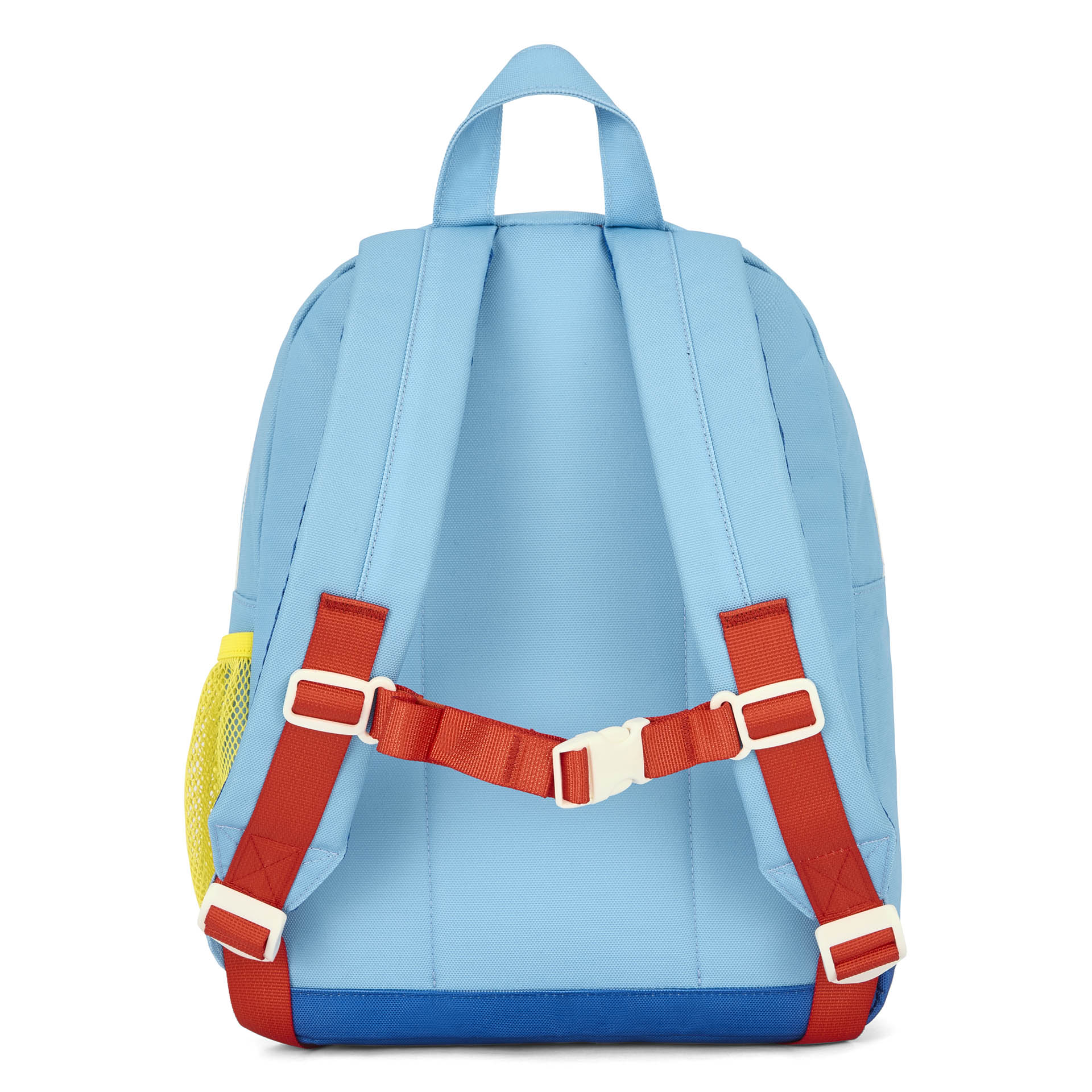 Zaino bambino blu, spalline rosse, tasca a rete gialla Hello Hossy