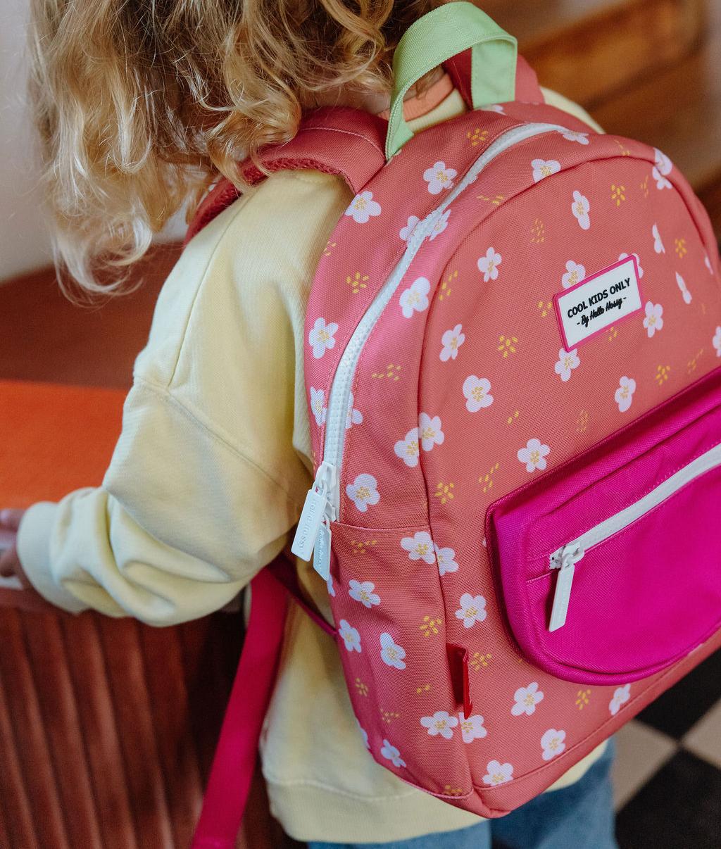 Zaino per bambini corallo stampato a fiori con tasca fuchsia Hello Hossy