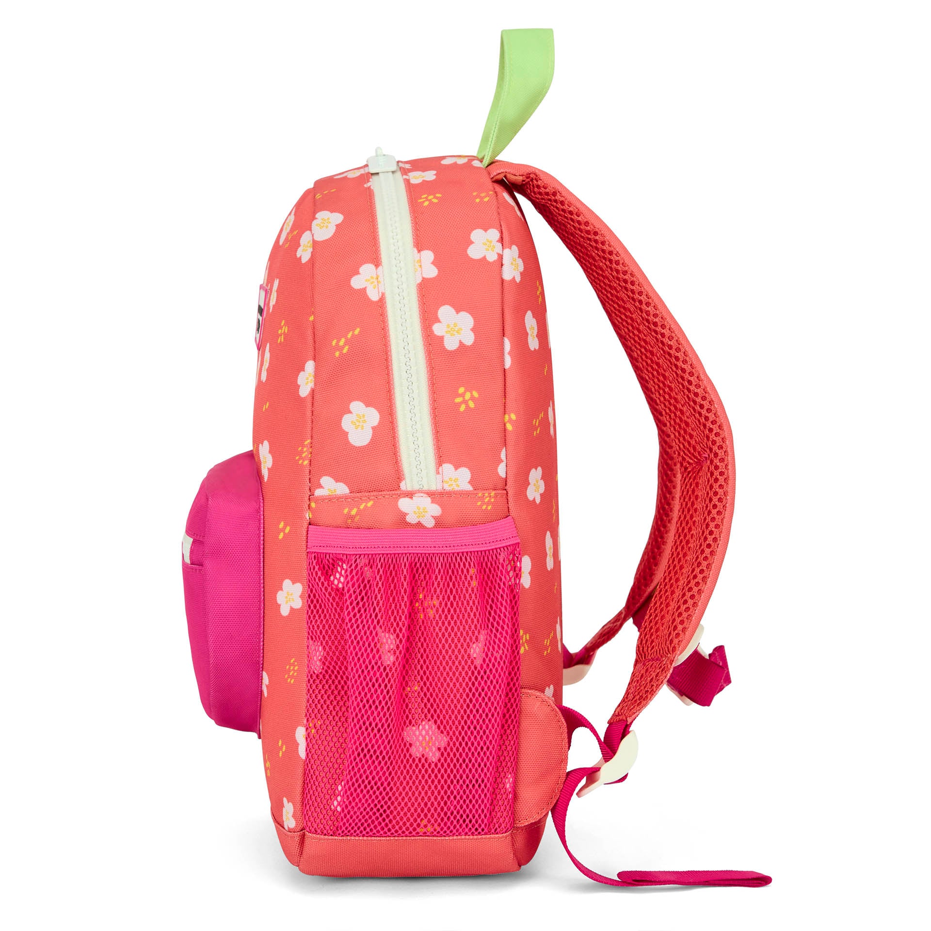 Zaino per bambini color corallo con stampa a fiori, tasca in rete Hello Hossy