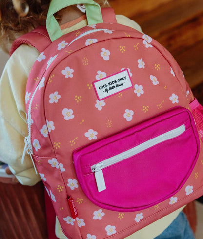 Zaino per bambini corallo stampato a fiori con tasca fuchsia Hello Hossy