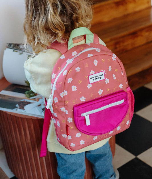 Zaino bambino corallo stampato fiori tasche rosa Hello Hossy