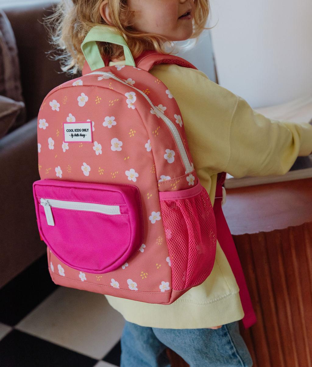 Zaino bambino corallo stampato a fiori tasca anteriore fuchsia Hello Hossy