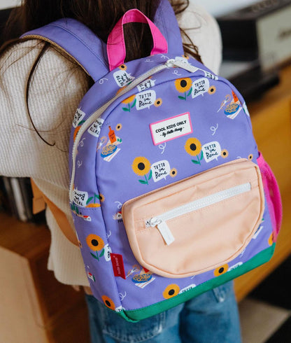 Zaino per bambini viola, motivo fiori, pannello con scritta Hello Hossy