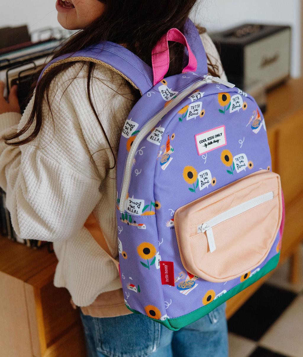 Zaino per bambino viola con motivo fiori, tasca beige Hello Hossy