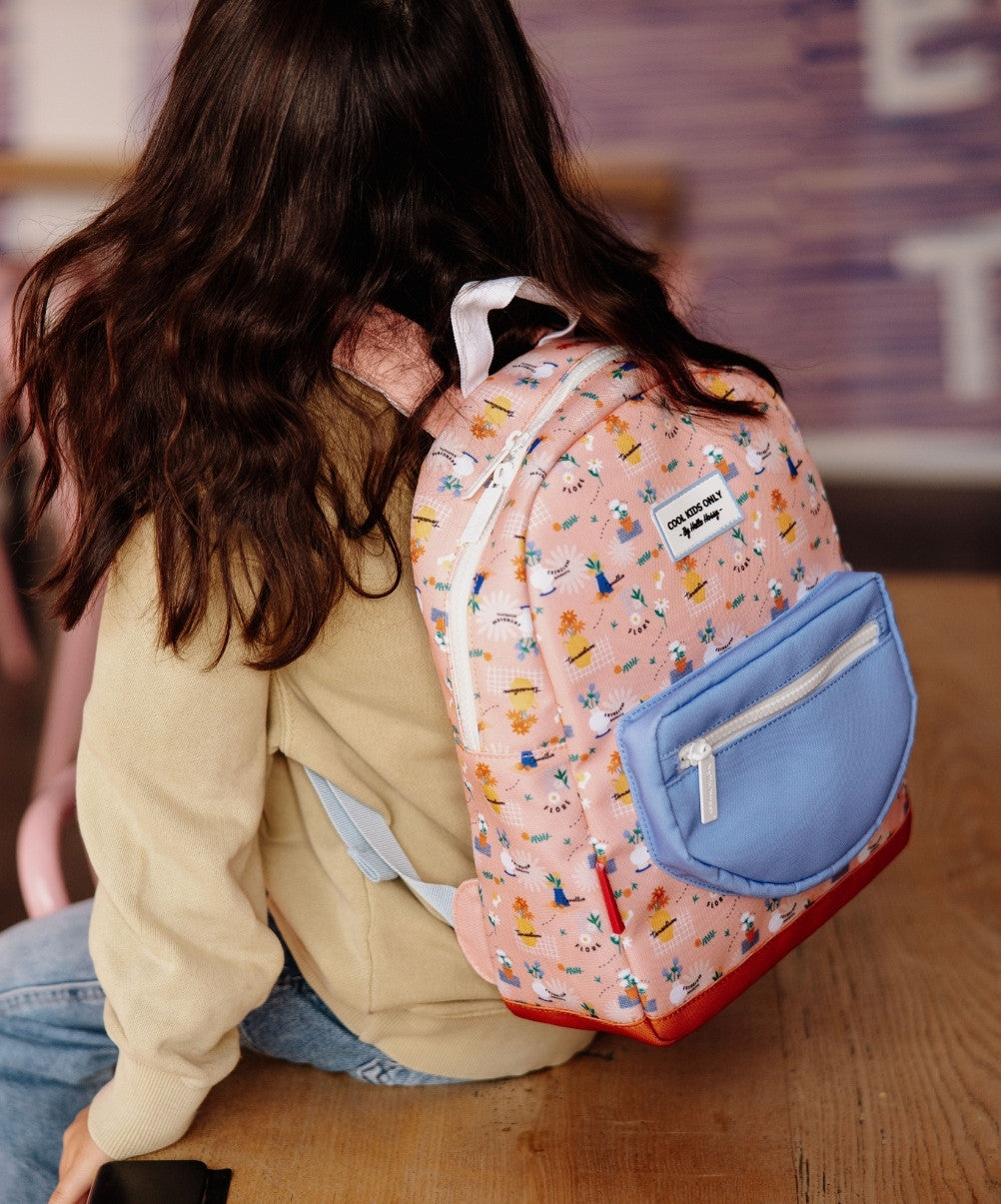 Zaino per bambini rosa motivo a fiori tasca anteriore blu Hello Hossy