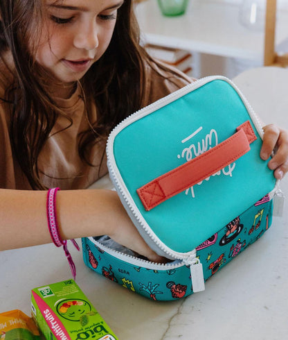 Borsa merenda per bambini verde e corallo con motivi animali, manico Hello Hossy