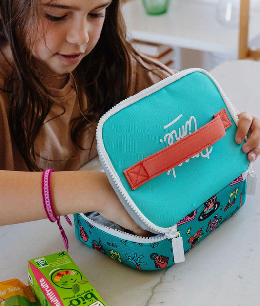 Borsa merenda per bambini verde e corallo con motivi animali, manico Hello Hossy