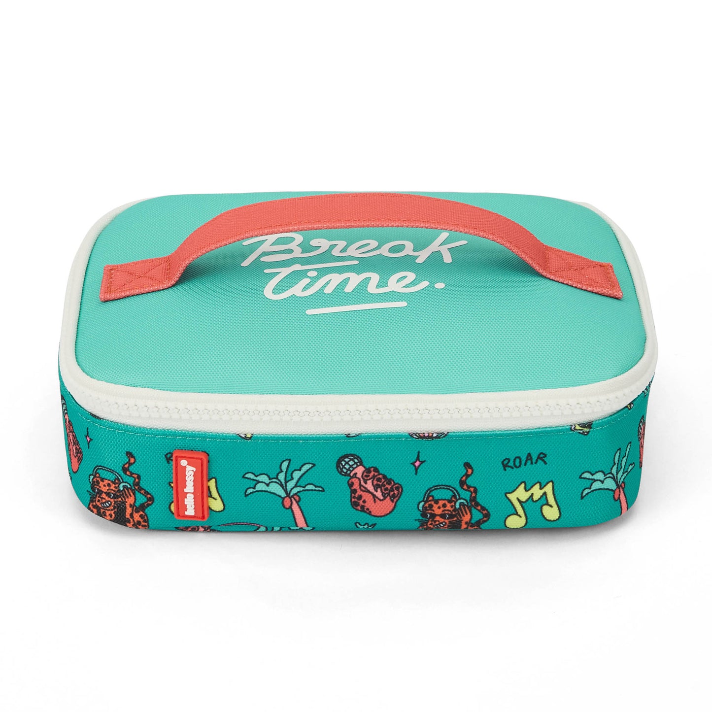 Borsa merenda per bambini verde corallo con motivo animali, scritta Hello Hossy